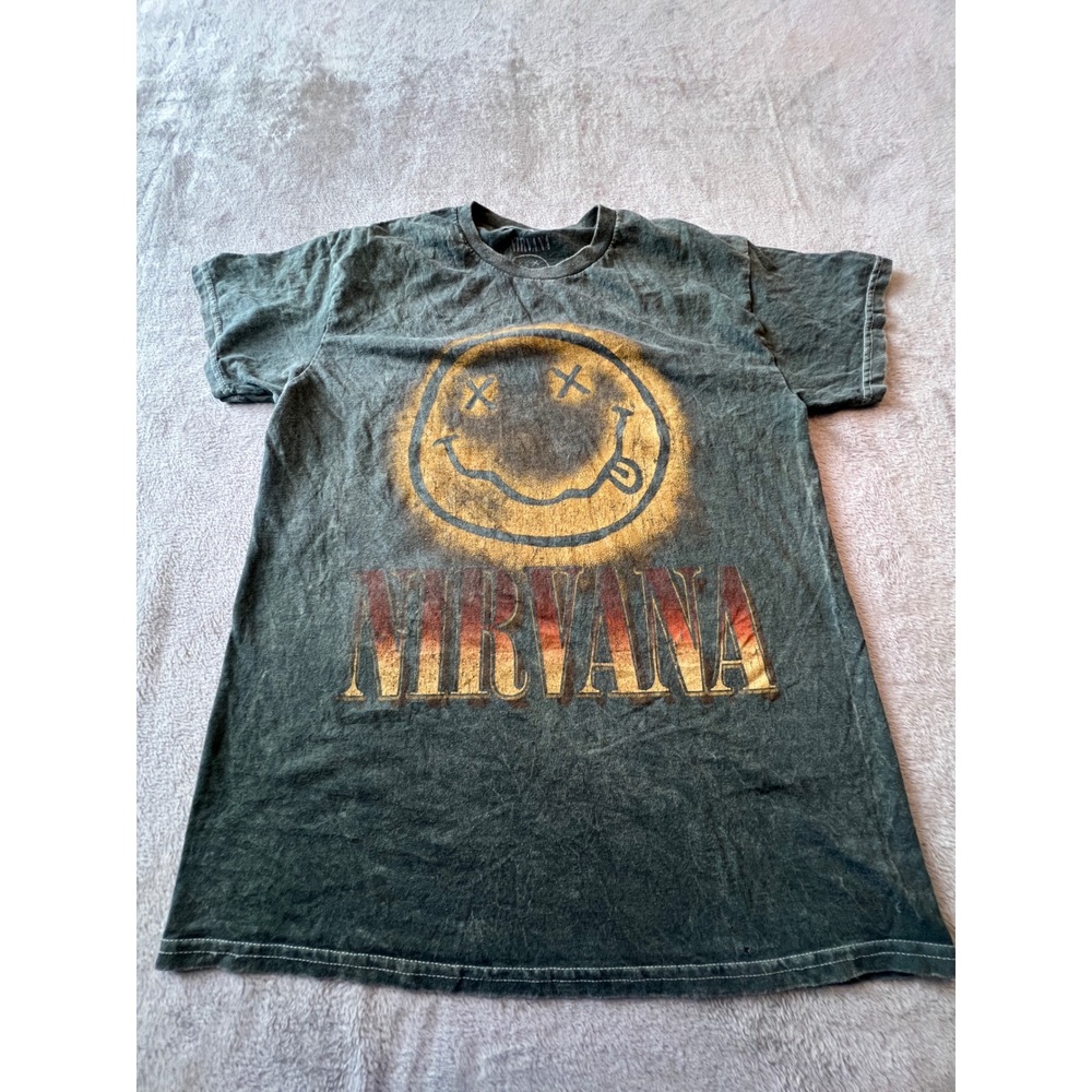 Nirvana T Shirt Mens Medium Grey Acid Wash Smiley Face Graphic Tee
